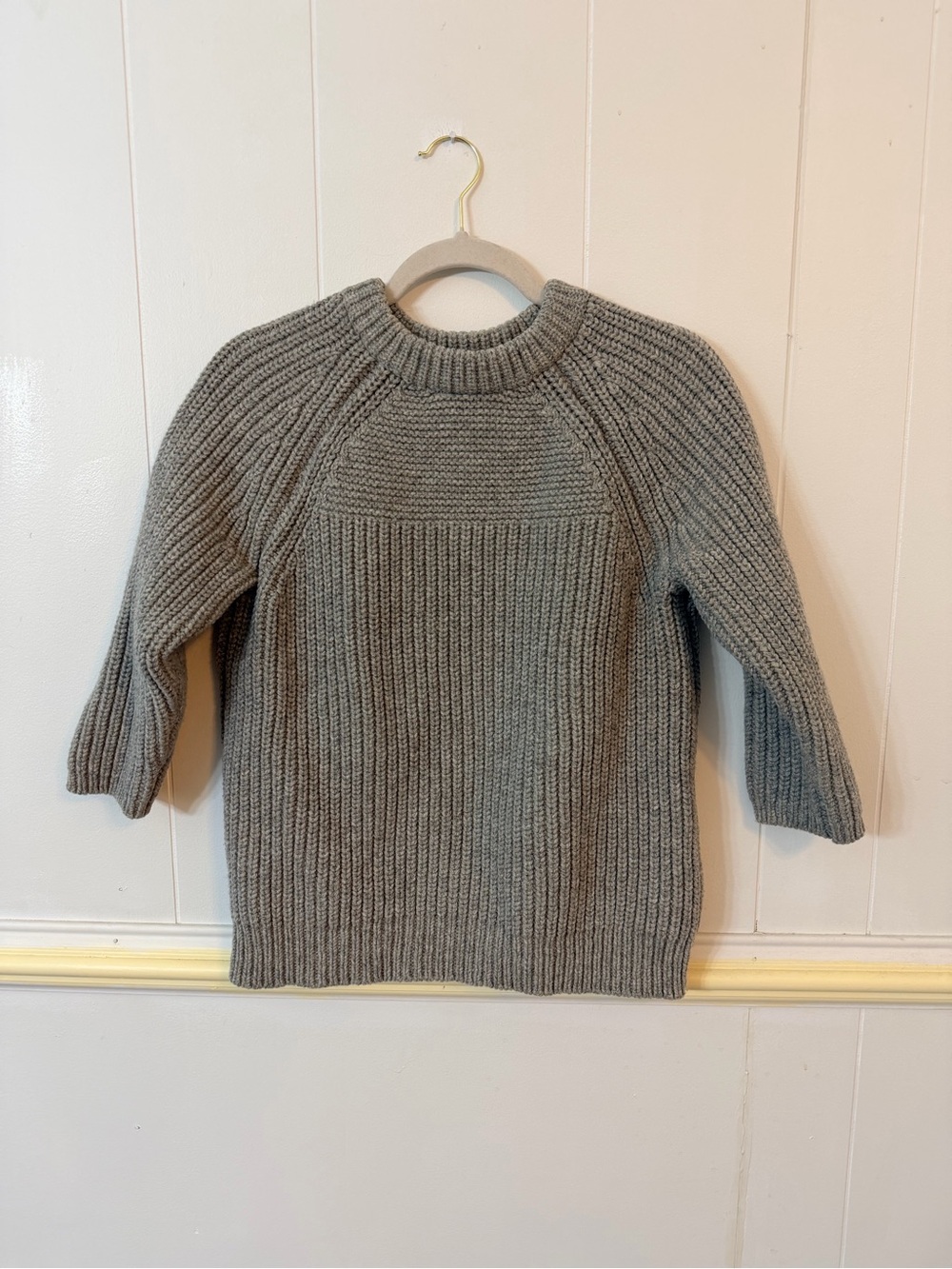 J. Crew Women's 100% Lambs Wool Grey Ribbed Crewneck Sweater 3/4 Sleeves